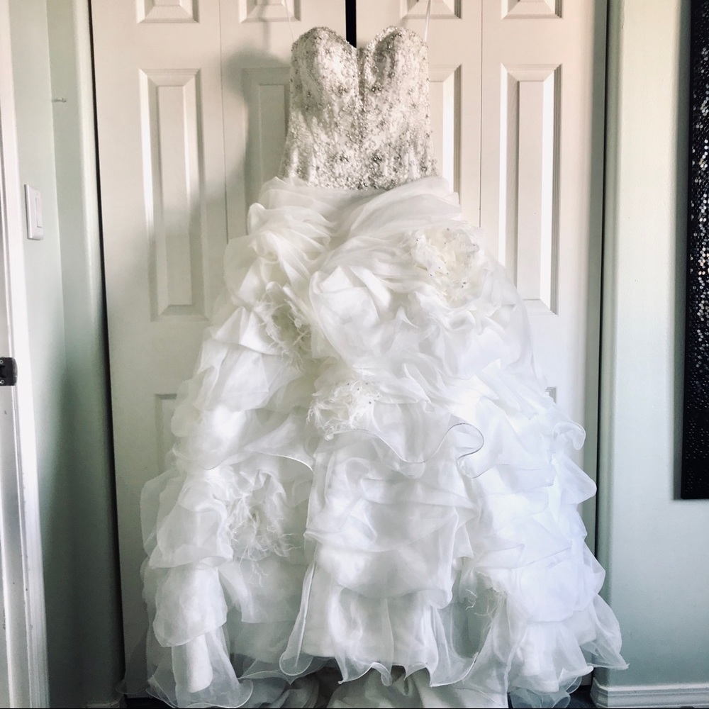 Wedding Dress: Strapless, Beaded, Ruffled, Flowers